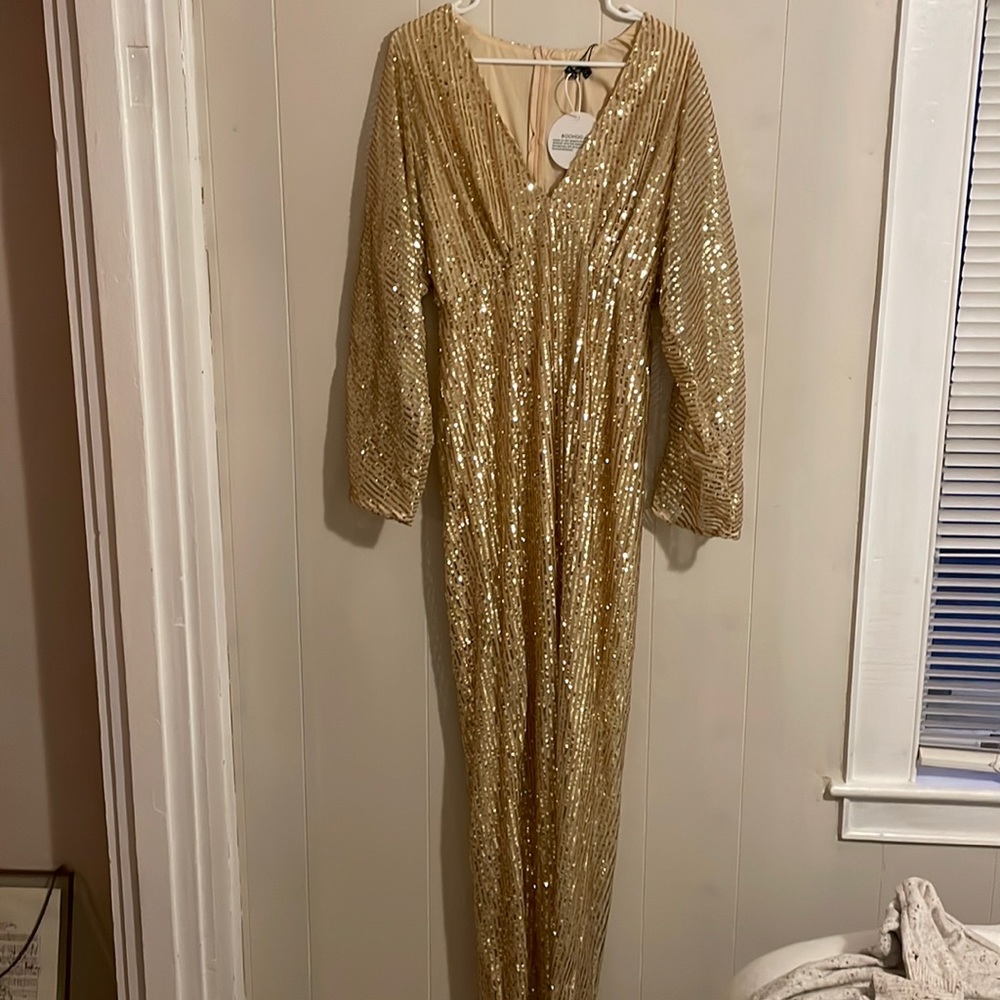 Boohoo | gold sequined bat wing sleeve maxi dress | sz 12 + 10 | NWT